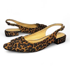 Leopard Animal Print Slingback Flats Low Block Heel Buckle Accent Women’s Size 8